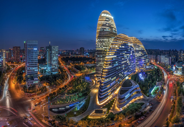 Beijing, China – July 13th, 2016: cityscape and famous landmark building, WangJing Soho at night. Bingdian