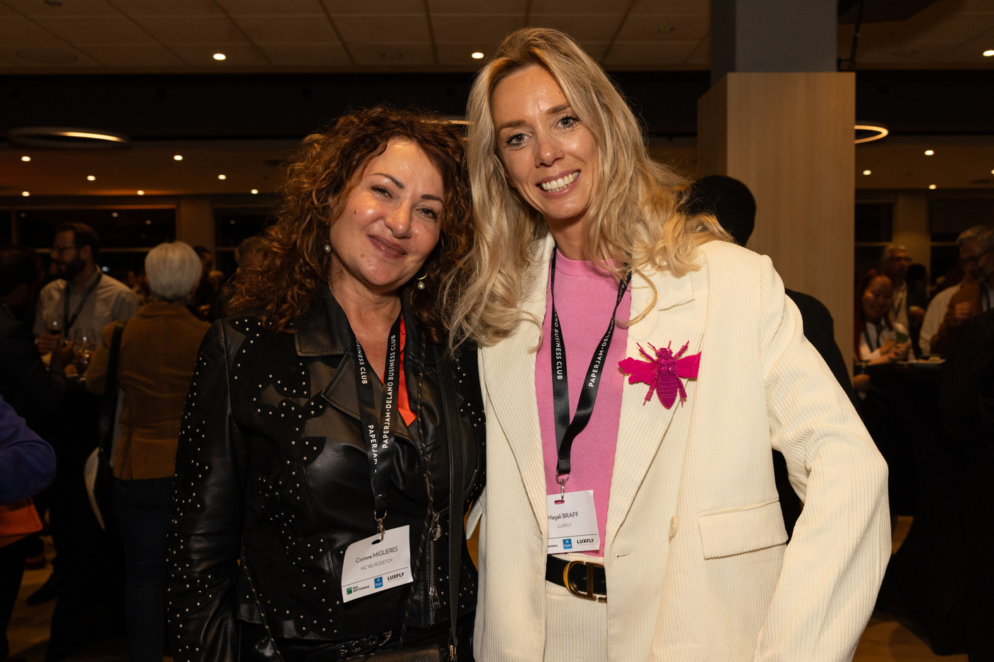 Corinne Migueres (MC Neurodetox) and Magali Braff (Luxfly Indoor Skydive) at the 10x6 Expat Rockstars event organised by the Paperjam Club at Kinepolis Kirchberg, 19 September 2024. Photo: Eva Krins/Maison Moderne