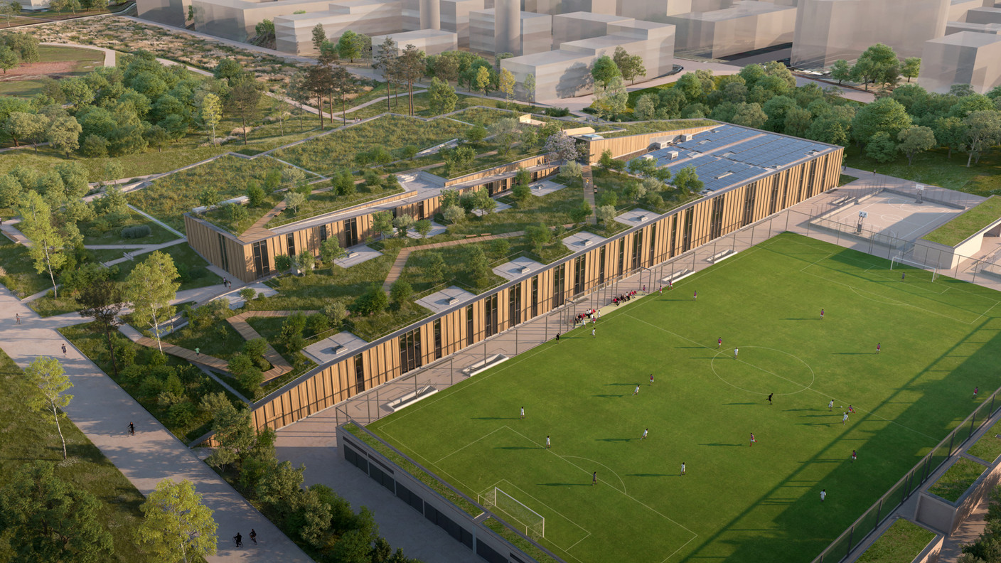 The sports centre is built as a continuation of the park. Illustration: Vize