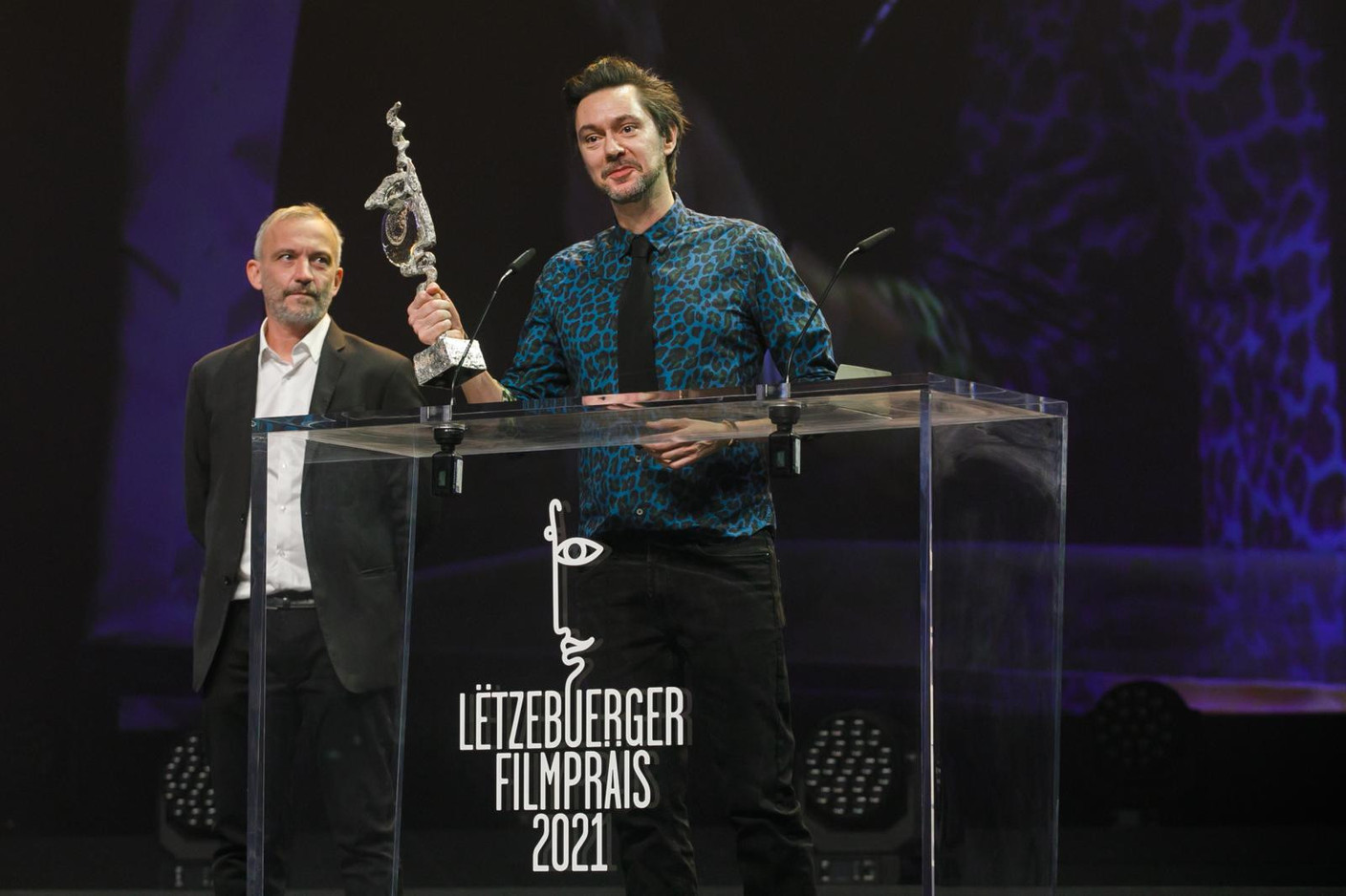 Thierry Faber and Christophe Wagner celebrate the bext TV or new media production prize for Capitani Matic Zorman