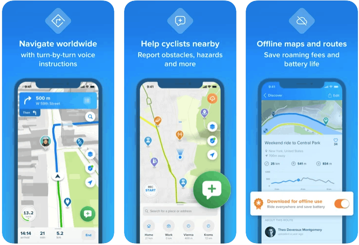 Program a route with one hand, let yourself be guided by the voiceover, avoid motorised vehicles: these are the beautiful promises of Bikemap to cyclists. Screenshot: Bikemap