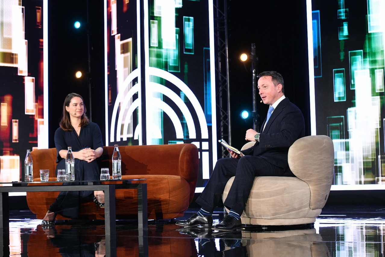 Paperjam attended an interview called “Revolutionising investment: Luxembourg’s first fully tokenised Ucits fund” at the Alfi Global Asset Management n Kirchberg on 26 March 2025. Pictured: Catriona Kellas (Franklin Templeton) and Robert White (EY). Photo: Alfi