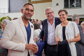 (left to right) Nasir Zubairi, Claus Mansfeldt, and Emilie Mansfeldt, seen at the British-Luxembourg Society summer reception, 29 June 2023. Photo: BLS