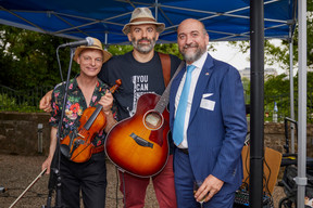 (left to right) Vincent Soubeyran, Jalo Sounds and Andrea Gentilini, seen at the British-Luxembourg Society summer reception, 29 June 2023.  Photo: BLS