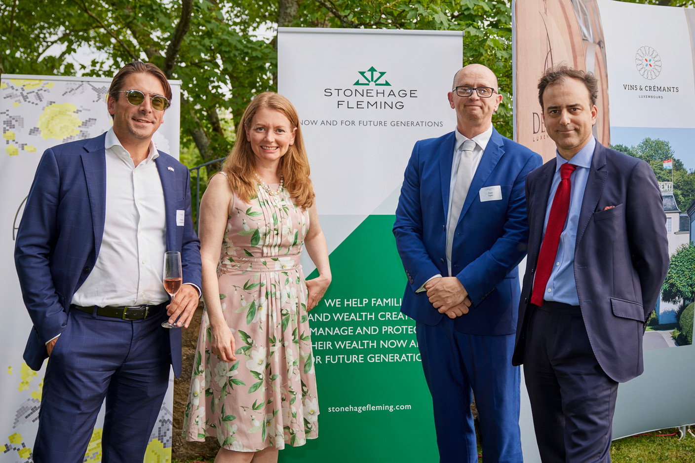  (left to right) Aleexander Ludbrook-Miles, Louise Benjamin, Peter Egan, Hélie de Cornois, seen at the British-Luxembourg Society summer reception, 29 June 2023.  Photo: BLS