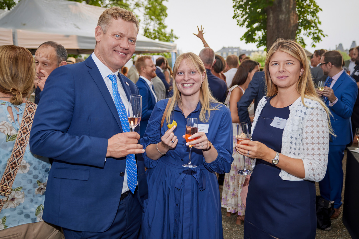 (left to right) Andrew Notter, Madeleine Mahoux and Janine Notter, seen at the British-Luxembourg Society summer reception, 29 June 2023. Photo: BLS