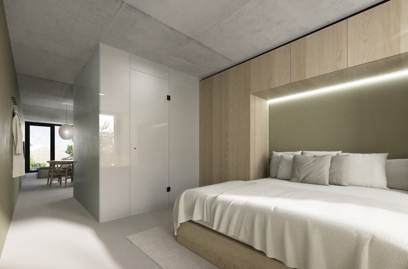 The sleeping area leads to the central block, which houses the shower and toilet. Illustration: Bauer Group