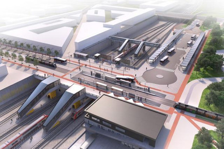 Le pôle d’échange intermodal Pfaffenthal-Kirchberg, connectant entre eux le réseau ferroviaire luxembourgeois, le futur tram, les bus et la mobilité douce, sera mis en service le 10 décembre 2017. Le funiculaire assurera le transport des voyageurs entre les quais des trains et le plateau du Kirchberg. (Photo: CFL / MDDI)