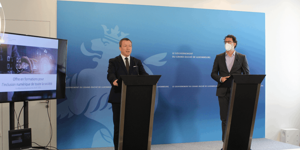 Digitalisation minister Marc Hansen (l.) and Pit Peporté, president of Erwuessebilding during the press conference on Monday Photo: MinDigital