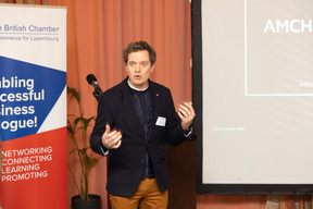 Jonathan Norman, tax counsel at JAB Holding Company, speaking at the BCC & Amcham Personal Tax Lunch on 21 November 2023. Photo: Romain Gamba / Maison Moderne