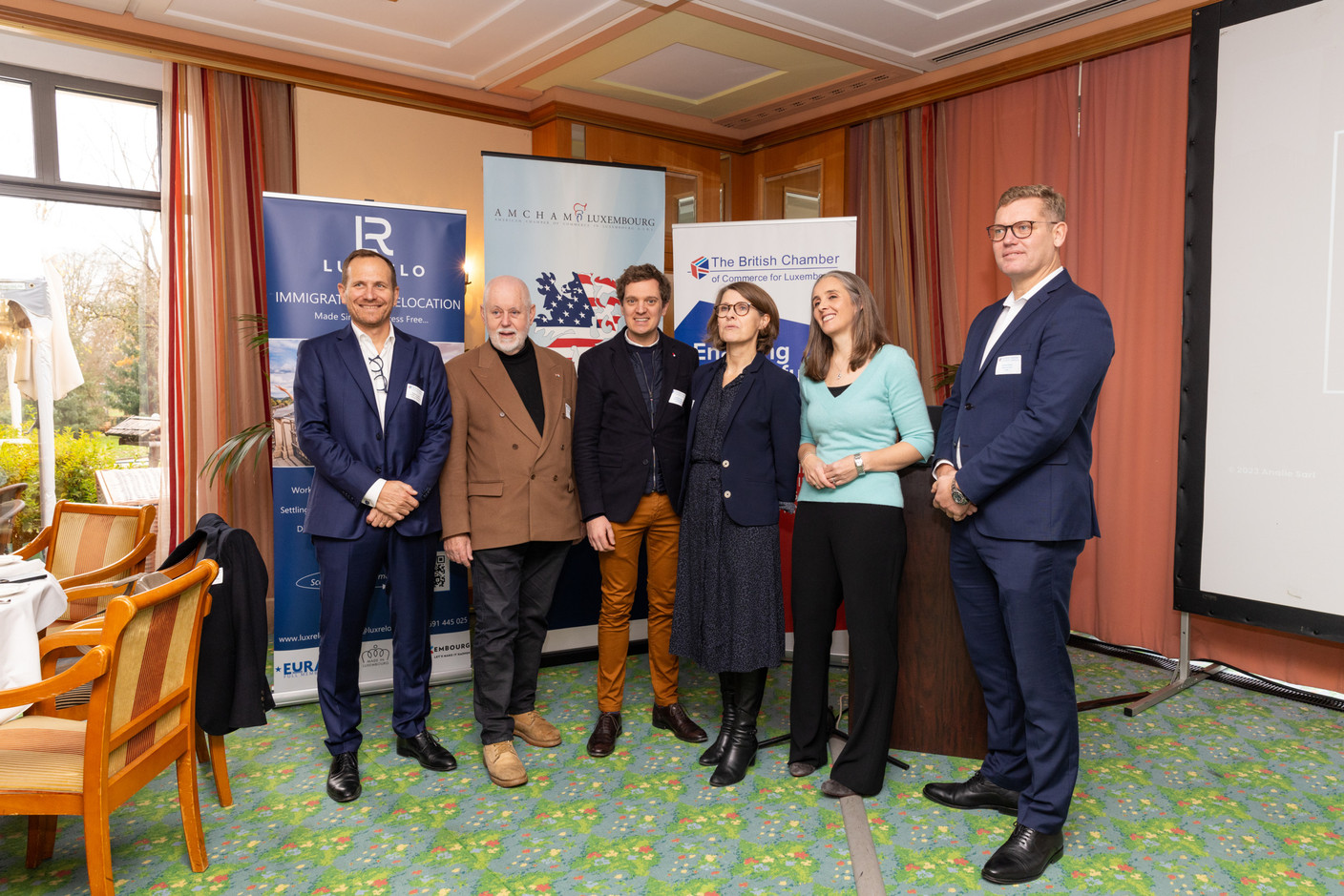  (l-r) Stéphane Compain, Paul Schonenberg, Jonathan Norman, Becca Kellagher, Laura Foulds and Andrew Notter at the BCC & Amcham Personal Tax Lunch on 21 November 2023.  Photo: Romain Gamba / Maison Moderne