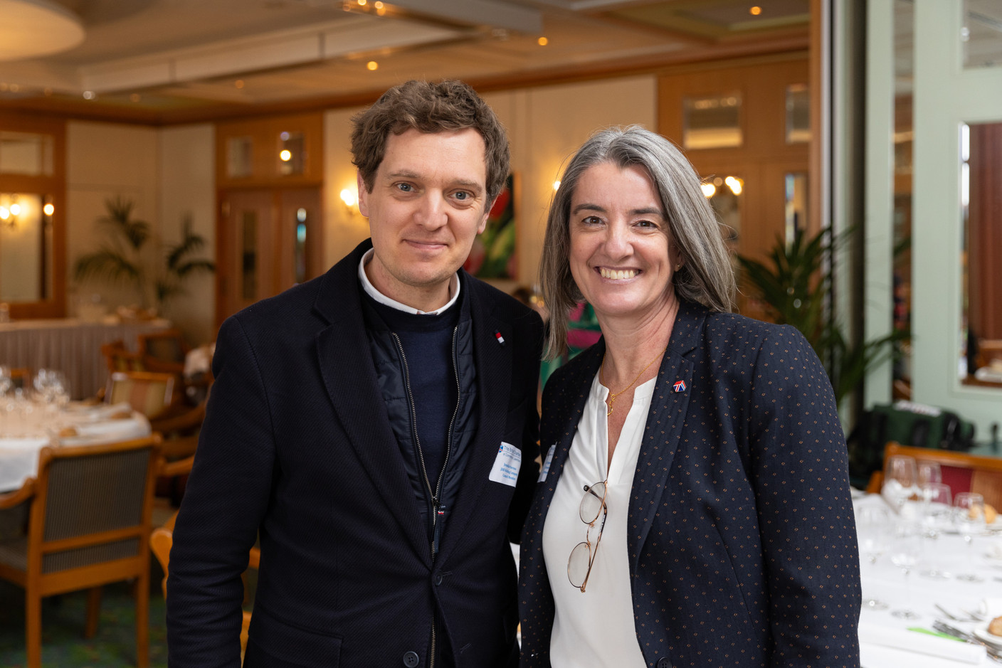 Jonathan Norman, tax counsel at JAB Holding Company, and Sara Speed of Alter Domus and a British Chamber of Commerce council member at the BCC & Amcham Personal Tax Lunch on 21 November 2023. Photo: Romain Gamba / Maison Moderne