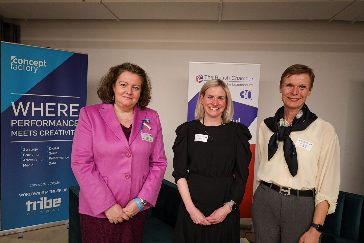British ambassador Fleur Thomas, endurance athlete Paule Kremer and the British Chamber of Commerce for Luxembourg’s Claudia Neumeister during the BCC’s International Women’s Day event, 8 March 2022. Photo credit: BCC/Ali Sahib
