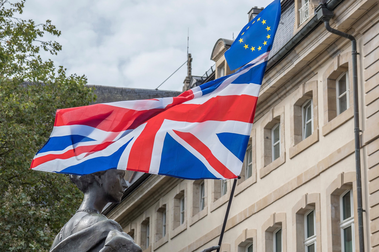 The UK and EU flags waving over the statue of Grand Duchess Charlotte during an anti-Brexit protest in July 2020. Library photo: Ian Sanderson