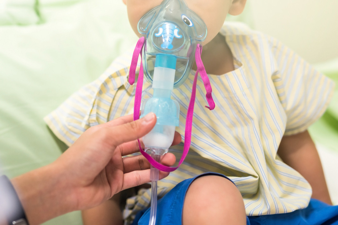 A three-year-old inhales medication to cure Respiratory Syncytial Virus (RSV). Young children and babies who have not been exposed to many viruses during the covid pandemic are particularly vulnerable to the virus, which causes Bronchiolitis. Photo: Blanscape/Shutterstock