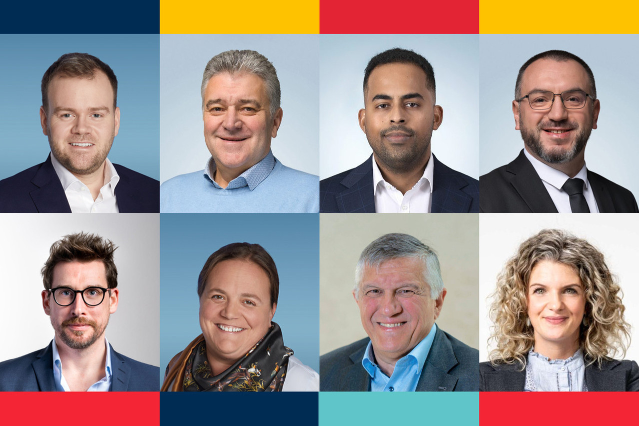 From left to right and top to bottom: Alexandre De Toffol, Jean-Marie Hoffmann, Adelio Silva, Dejvid Ramdedovic, Pierre Matgé, Anne Kaiffer, Gary Kneip and Lajla Kapetanovic-Licina. They are among the 20 or so candidates in the municipal elections who are also entrepreneurs. Photos: CSV, DP, Fokus and LSAP. Photomontage: Maison Moderne