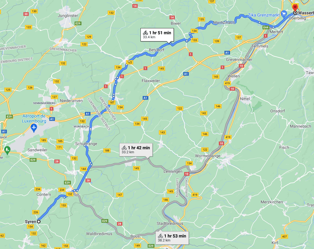 Blue line shows Anna Fox’s favourite ride from Syren to Wasserbillig, from where she takes the train back Anna Fox/Google Maps