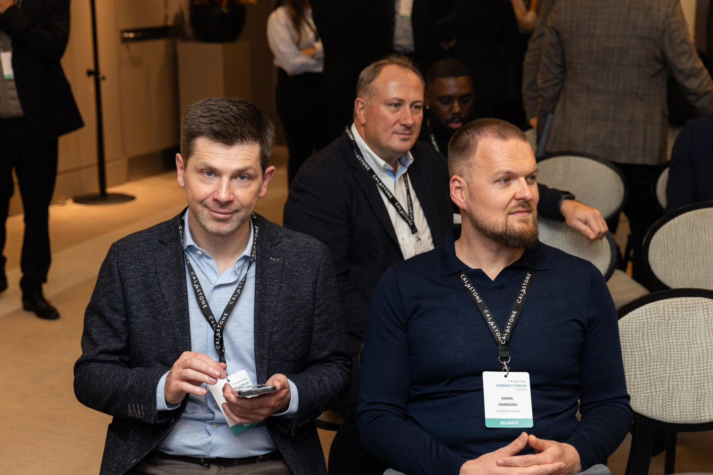 Kamil Zawadzki (Authentic Digital), on the right, at the annual Calastone Connect Forum, which was held on 7 November 2023 at the Sofitel in Kirchberg. Photo: Romain Gamba/Maison Moderne