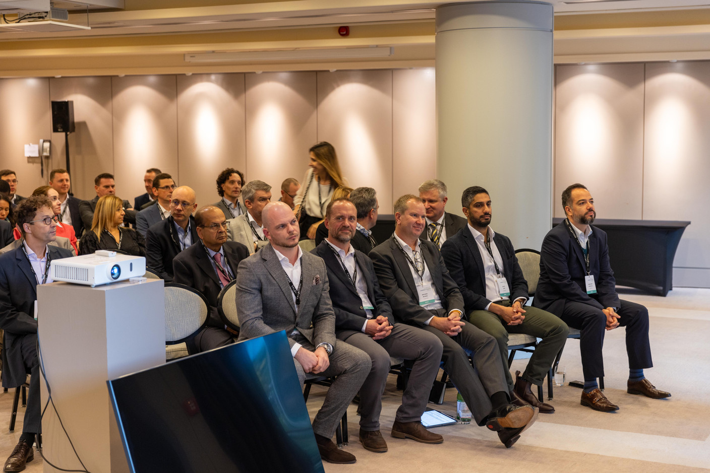 Ross Fox, Dave McGuinness, Michael Neil, Varun Atre and Pierre-Eric Patricola (all from Calastone) in the front row, at the annual Calastone Connect Forum, which was held on 7 November 2023 at the Sofitel in Kirchberg. Photo: Romain Gamba/Maison Moderne