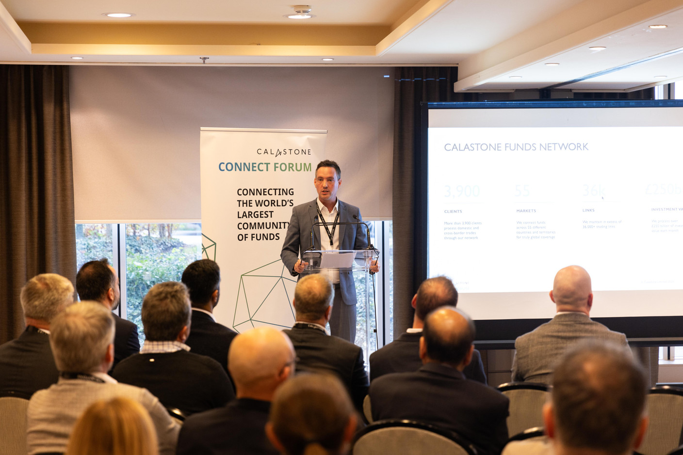 Steve Dublon (Calastone) gave introductory remarks at the annual Calastone Connect Forum, which was held on 7 November 2023 at the Sofitel in Kirchberg. He highlighted five trends that Calastone expects to define the mutual funds market. Photo: Romain Gamba/Maison Moderne