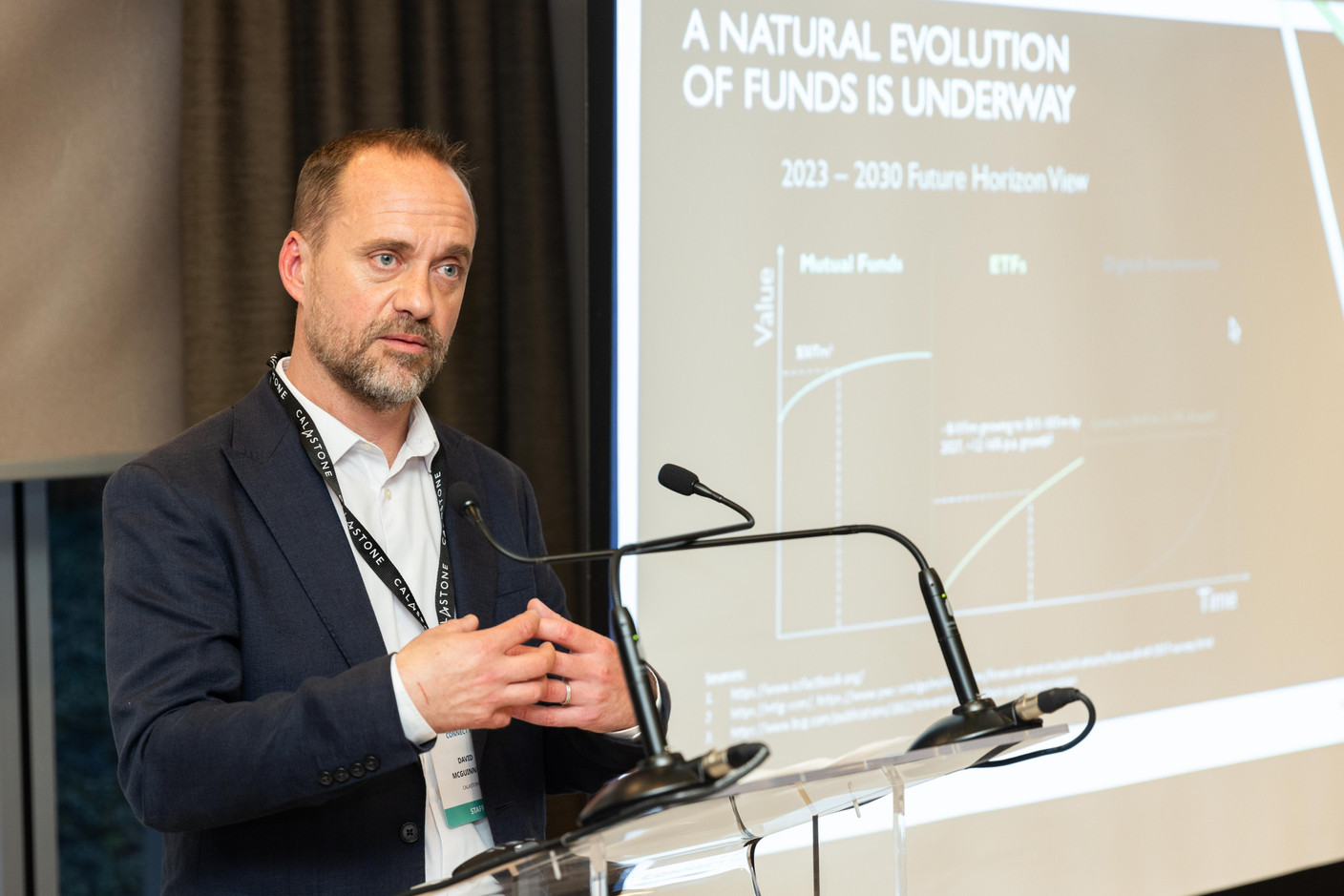 Dave McGuinness (Calastone) discussed new products developed by the firm at the annual Calastone Connect Forum, which was held on 7 November 2023 at the Sofitel in Kirchberg. Photo: Romain Gamba/Maison Moderne