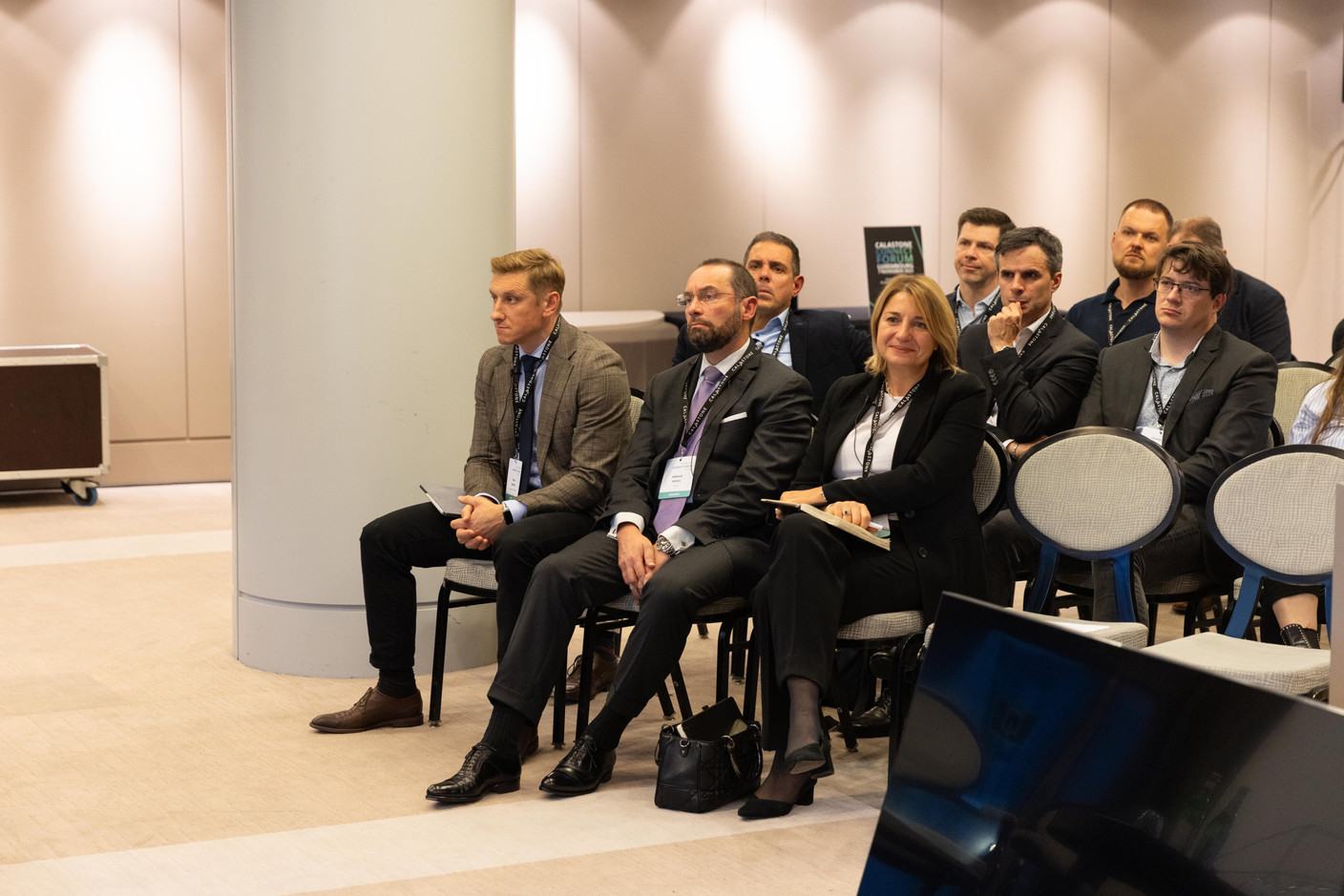 Rafal Kwasny (Franklin Templeton), Arnaud Misset (Caceis) and Valerie Hesse (Northern Trust) in the front row, at the annual Calastone Connect Forum, which was held on 7 November 2023 at the Sofitel in Kirchberg. Kwasny and Hesse participated in a panel discussion on the digital transformation of the fund industry; Misset spoke during a fireside chat that focused on market outlook. Photo: Romain Gamba/Maison Moderne