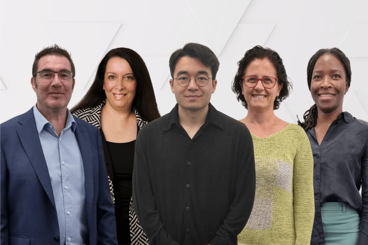 Centre: Romain Perrin, project lead for MyCap, surrounded by his team. From left to right: Floyd Zoboki, Marjorie Desloges, Rosalinda Filippelli, and Christelle Nana, who worked together on the new version of Cap Langues’ digital platform. Photo: Cap Langues