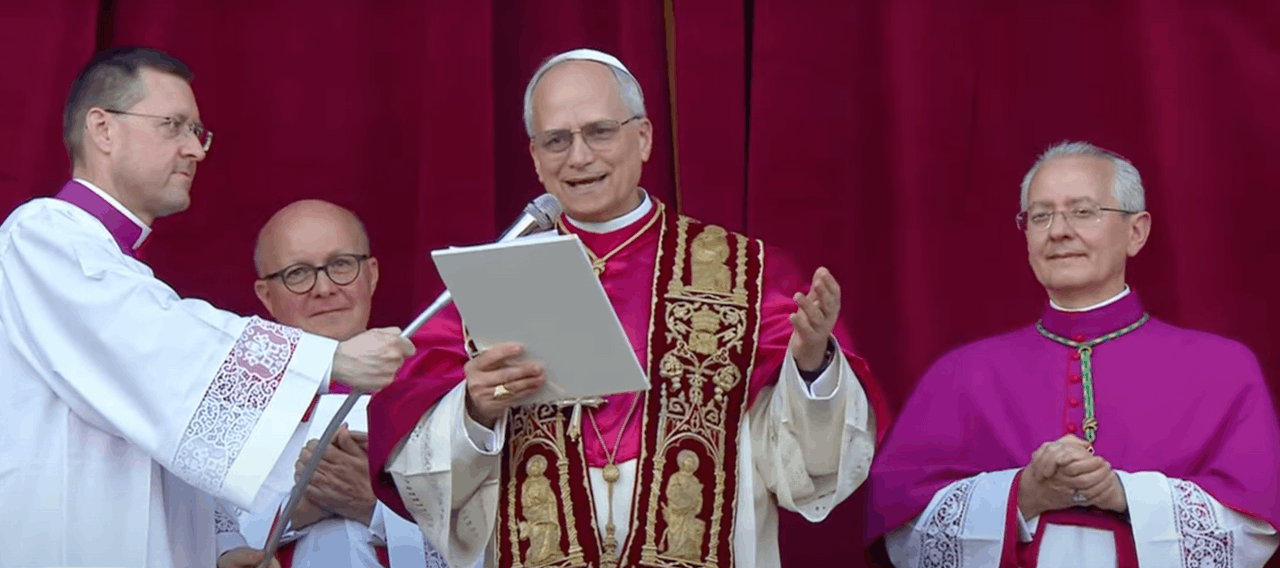 Newly elected Pope Leo XIV, speaking to crowds from the balcony of St Peter’s Basilica in Rome, Italy. Screengrab of Vatican Media livestream, 8 May 2025