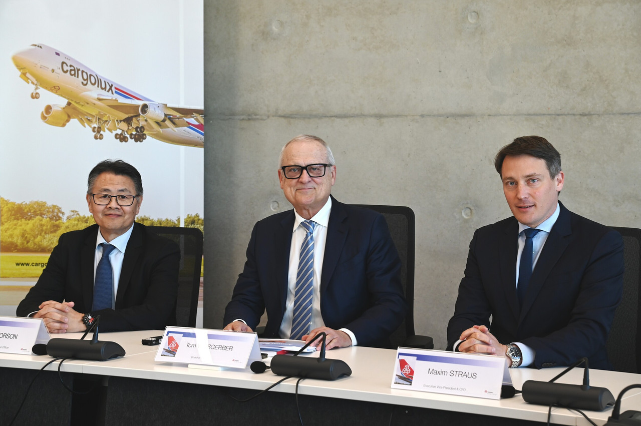 Richard Forson, chairman and CEO, Tom Weisgerber, chairman of the board of directors, and Maxim Straus, CFO of Cargolux, presented the 2025 results of the Luxembourg-based air freight giant. (Photo: Cargolux)