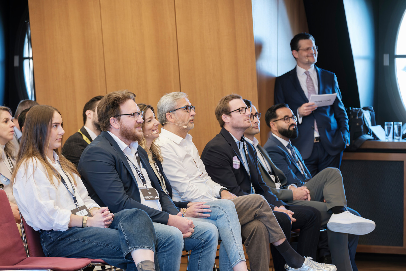 Justine Boehm (SD Worx), Nicolas Paschal (RSecure), Carole Bentz (Domaine Claude Bentz), Mike Koedinger (Paperjam) and Sven Mausen (Lalux Assurances). (Photo: Jan Hanrion/Paperjam)