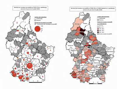 Le ministère de la Santé a publié une carte du nombre de personnes testées positives au Covid-19 entre le 22 juin et le 12 juillet par commune. (Photo: Capture d’écran du site de la Chambre des Députés)