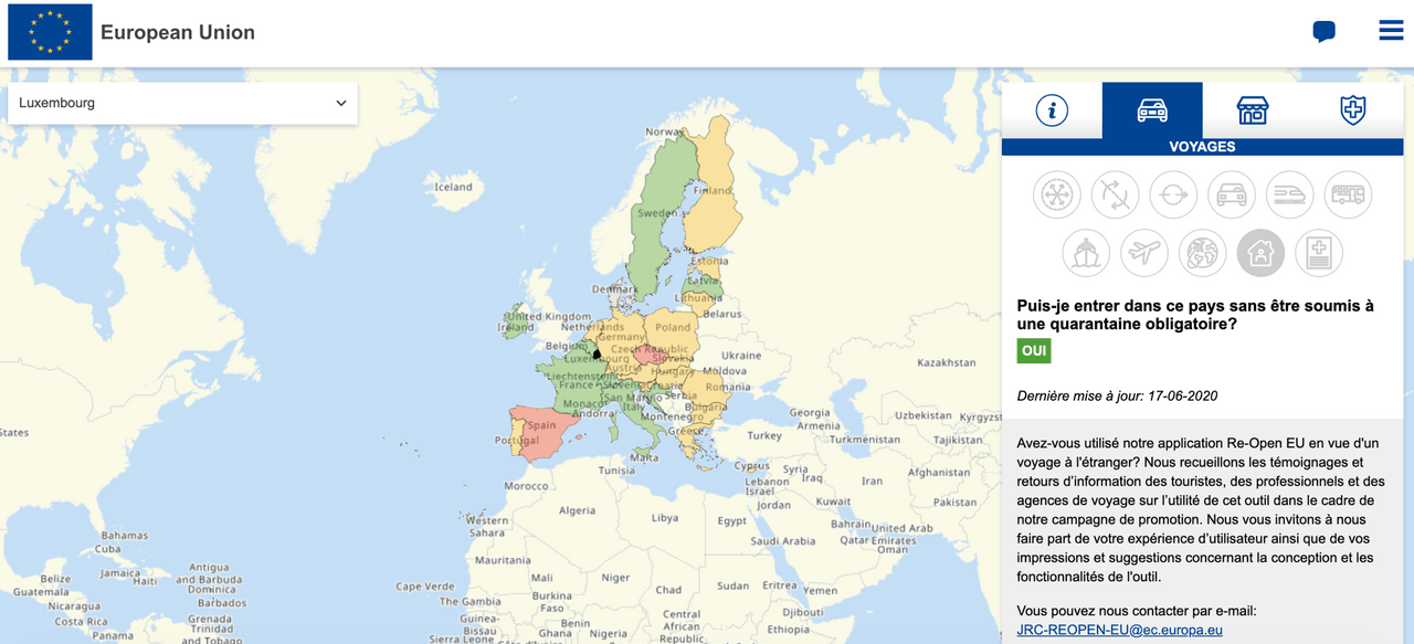 En rouge, les pays où la quarantaine est obligatoire. En jaune, il existe certaines restrictions et, en vert, entrée sans quarantaine. (Photo: Capture d’écran du site Re-open EU)