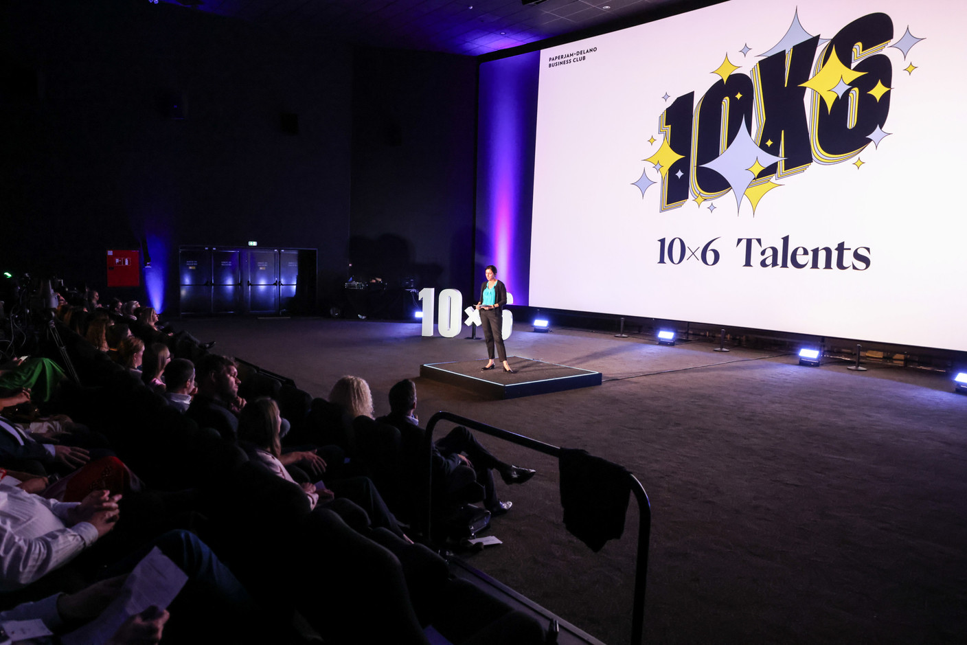 Laurence Fransen (Baloise Assurances Luxembourg), speaking at the 10x6 Talents event at the Kinepolis Kirchberg, 9 July 2024. Photo: Marie Russillo / Maison Moderne
