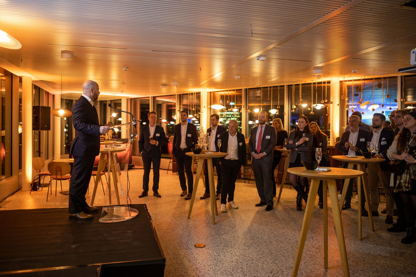 Michael Taelman, country leader Luxembourg, gives a speech at CBRE House. Photo: Maëlle Helias Louis
