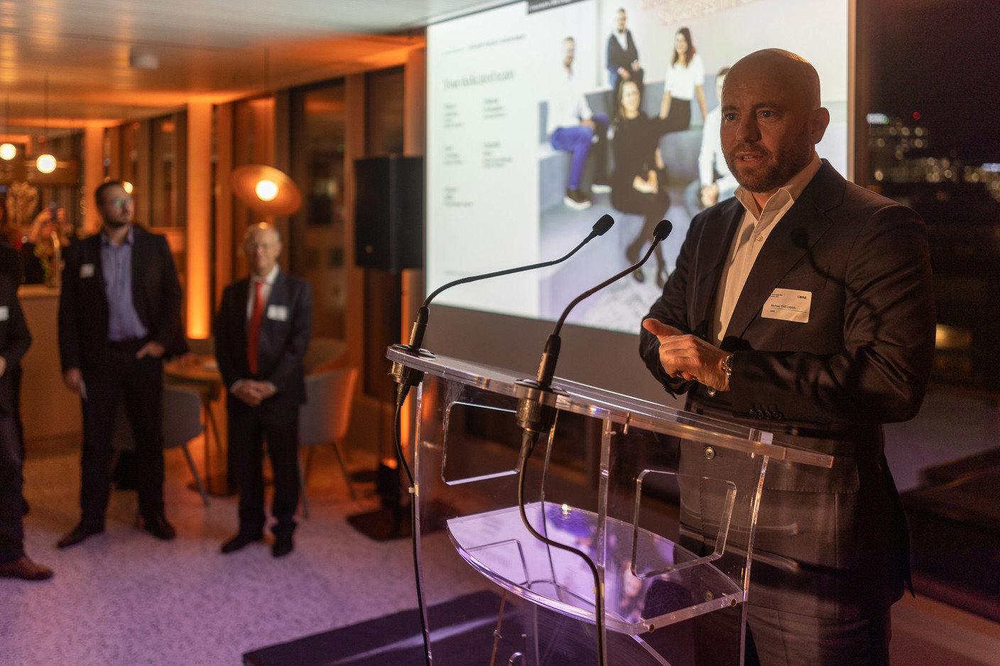Michael Taelman, country leader Luxembourg, gives a speech at the inauguration of CBRE House. Photo: Maëlle Helias Louis