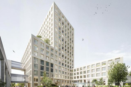 La future tour, à côté d’un bâtiment plus bas, fera 16 étages. (Illustration: Baumschlager Eberle + Christian Bauer & Associés Architectes)