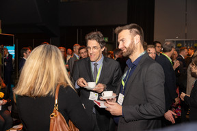 Davide Dragoni (centre) and Matthieu Poli (right), both at BNP Paribas Securities Services, seen during Alfi’s Private Assets Conference, 28 November 2023. Photo: Romain Gamba/Maison Moderne
