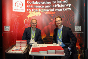 Maxime Vandeclisse and Thomasse Bouet, both at Euroclear, seen in the company’s stand during Alfi’s Private Assets Conference, 28 November 2023. Photo: Romain Gamba/Maison Moderne