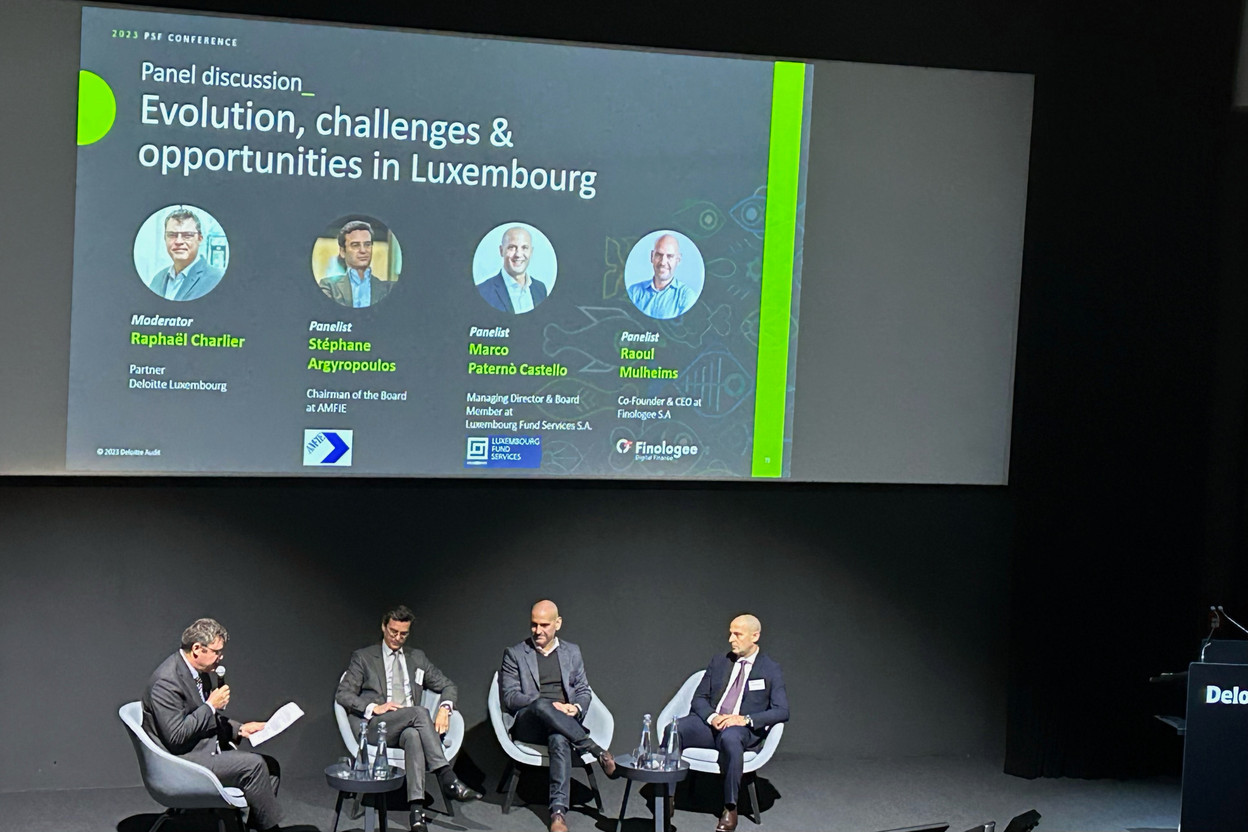 Raphaël Charlier, (Deloitte Luxembourg), Stéphane Argyropoulos (AMFIE), Marco Paterno Castello (Luxembourg Fund Services) and Raoul Mulheims (Finologee), seen during the “Evolution, challenges & opportunities in Luxembourg” panel discussion at the 2023 PSF Conference hosted by Deloitte, 5 December 2023. Photo: Maison Moderne