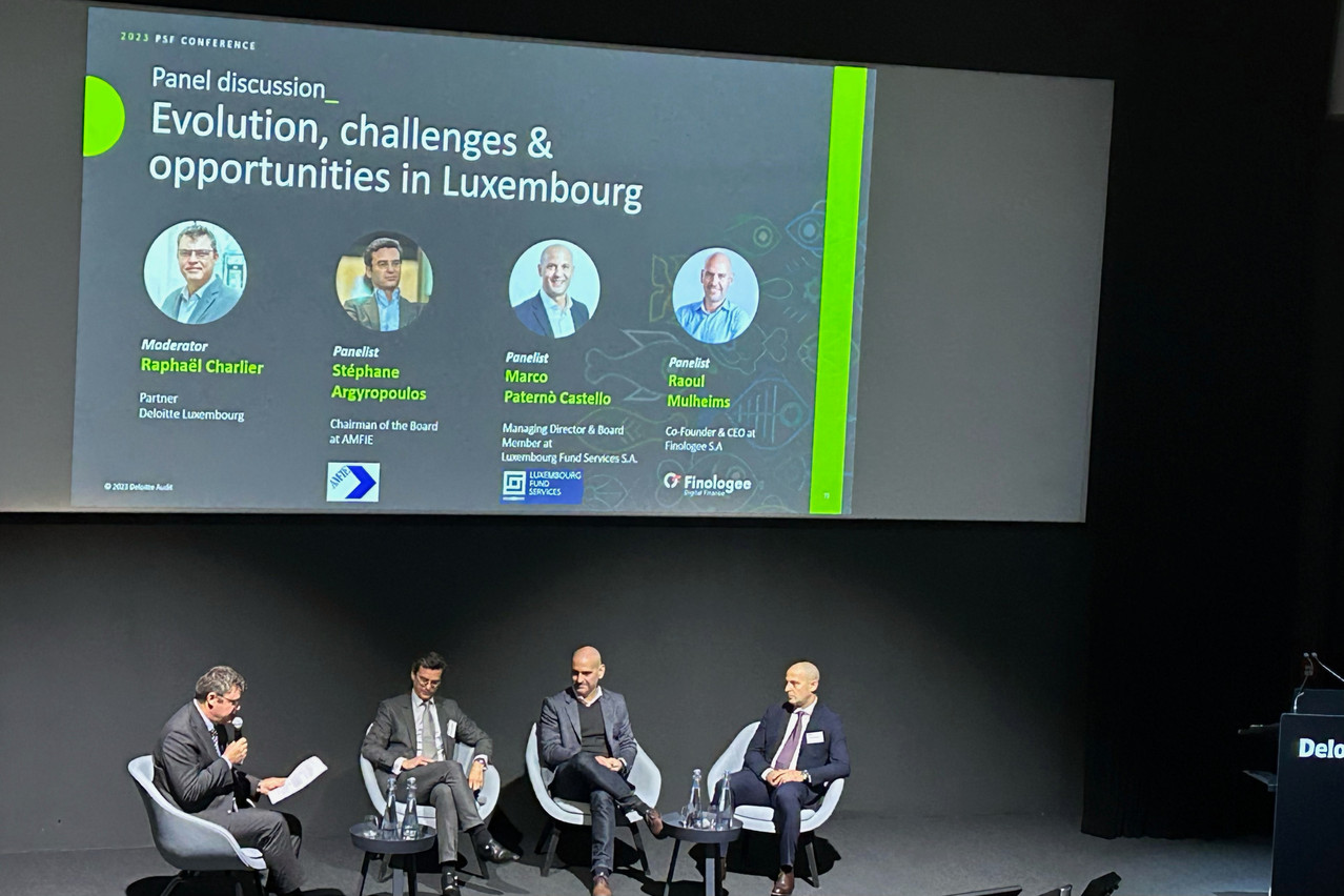Raphaël Charlier, (Deloitte Luxembourg), Stéphane Argyropoulos (AMFIE), Marco Paterno Castello (Luxembourg Fund Services) and Raoul Mulheims (Finologee), seen during the “Evolution, challenges & opportunities in Luxembourg” panel discussion at the 2023 PSF Conference hosted by Deloitte, 5 December 2023. Photo: Maison Moderne