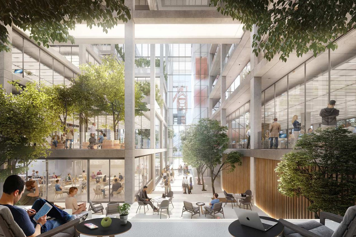 Le nouvel immeuble propose des espaces de bureaux flexibles et plusieurs terrasses intérieures. (Illustration : Foster + Partners, Beiler François Fritsch)