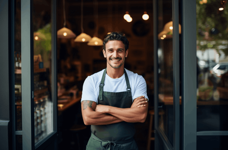 Un jeune commerçant luxembourgeois se montre sous son meilleur jour devant son restaurant grâce aux nouveaux chèques-repas Joy Meals. (Photo: © Edonys)