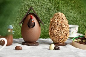 A birdhouse in the form of an egg and giant almond praline eggs dotted with chunks of hazelnut are some of Genaveh’s Easter treats. Photo: Genaveh