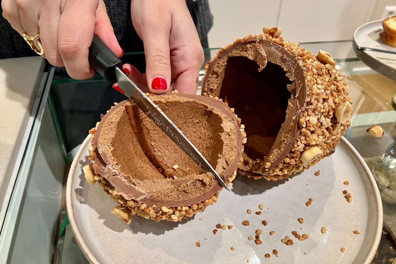 One of Genaveh’s giant chocolate Easter eggs, lined with a creamy almond praline and covered with chunks of hazelnut and almond. Photo: Lydia Linna/Maison Moderne