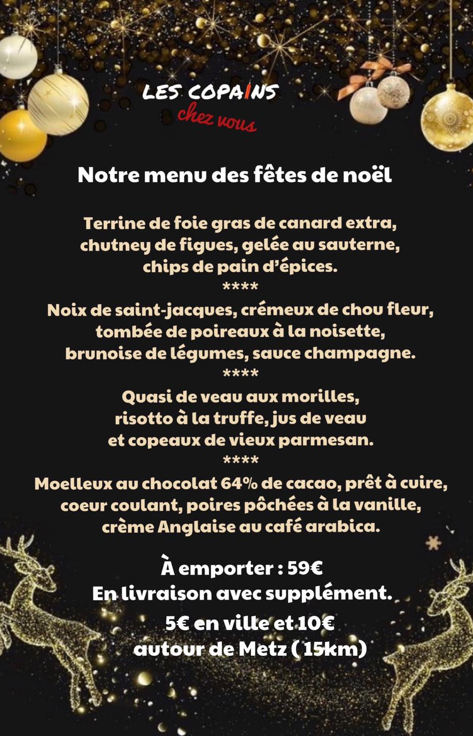 Carte et menu de Noël 2020 du restaurant Les Copains d’abord, à Metz.  DR