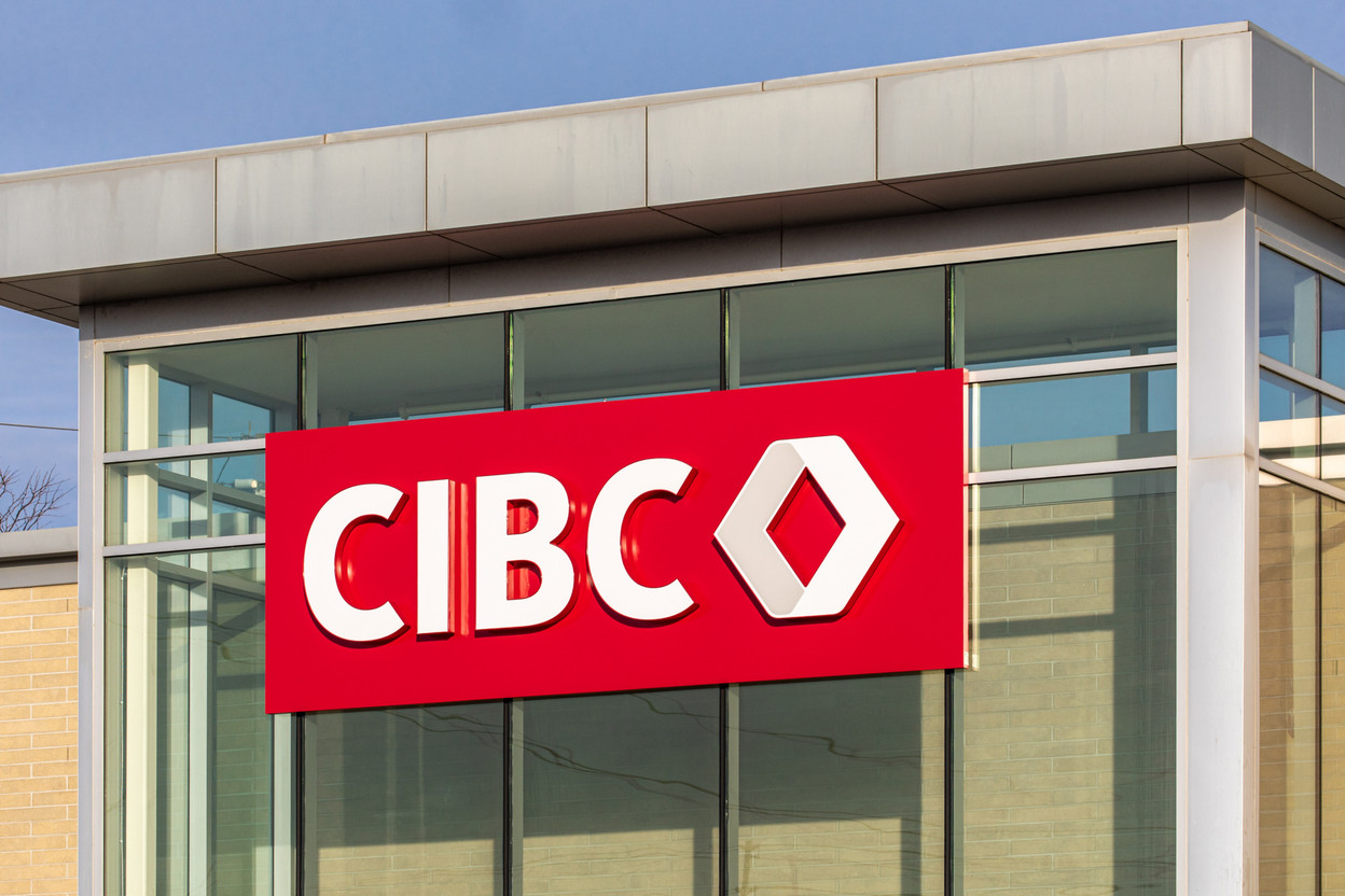 CIBC logo on a branch of the Canadian Imperial Bank of Commerce on McCowan Road in Toronto Copyright (c) 2021 sockagphoto/Shutterstock.  