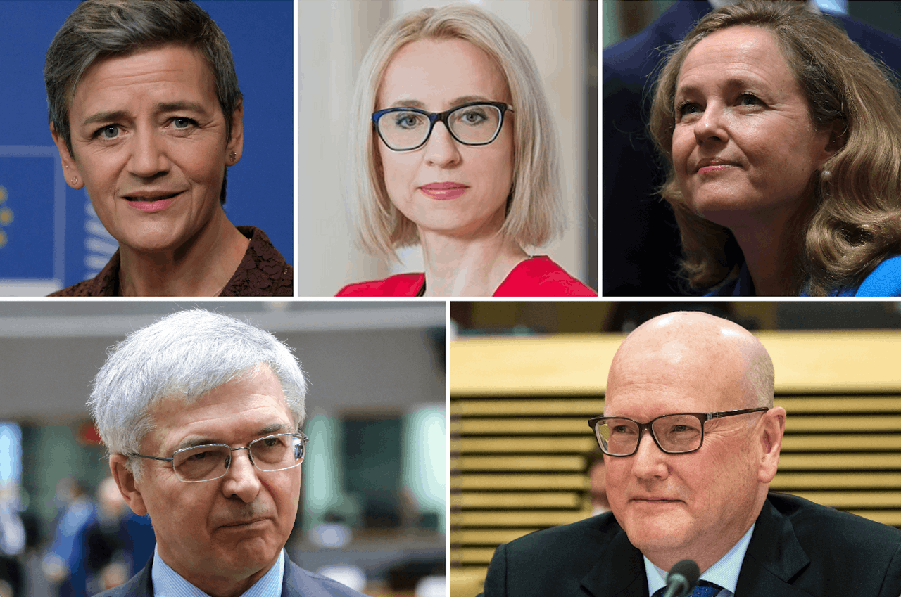 Margrethe Vestager, Teresa Czerwinska, Nadia Calvino, Daniele Franco et Thomas Ostros sont les cinq candidats qui ont été évalués par le Comité consultatif sur les nominations de la BEI pour succéder à Werner Hoyer. (Photos: Shutterstock, EU. Montage: Maison Moderne)