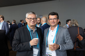 Christian Mucha (Volksbank Wien, left) and Frank Wilhelm (Attrax SA, right) seen at the Clearstream Fund Summit on 12 October 2023 at the Kinepolis in Kirchberg. Photo: Romain Gamba/Maison Moderne