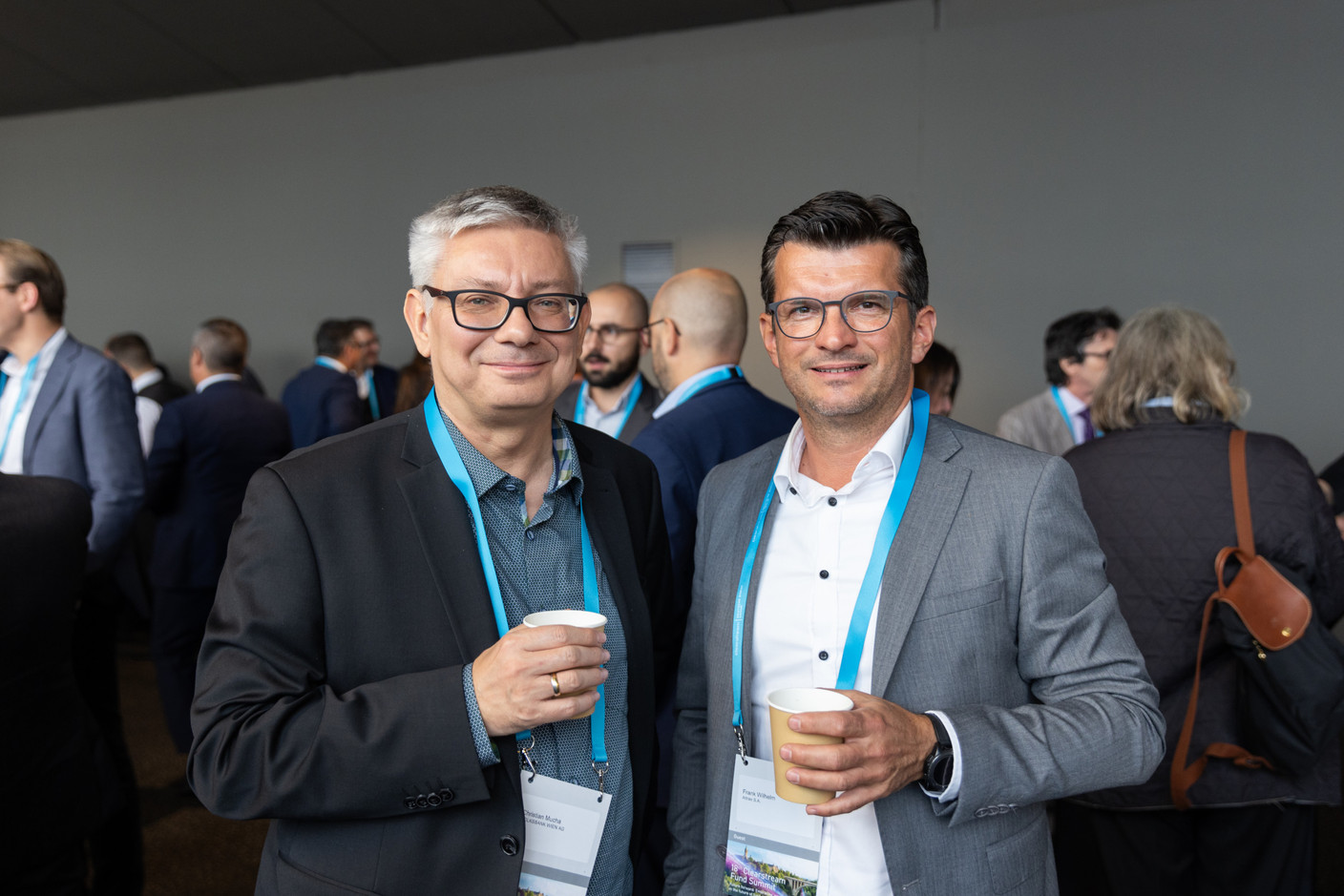 Christian Mucha (Volksbank Wien, left) and Frank Wilhelm (Attrax SA, right) seen at the Clearstream Fund Summit on 12 October 2023 at the Kinepolis in Kirchberg. Photo: Romain Gamba/Maison Moderne