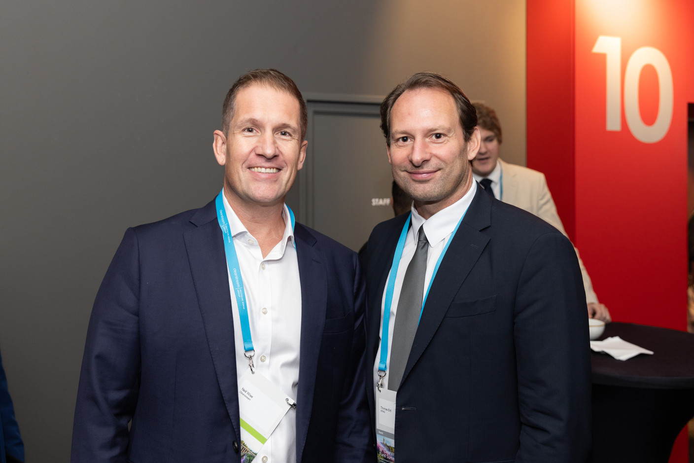 Neil Wise (Clearstream) and Thomas Ertl (KPMG), seen at the Clearstream Fund Summit on 12 October 2023 at the Kinepolis in Kirchberg. Photo: Romain Gamba/Maison Moderne
